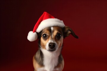 Dog with Santa Hat on Red Background