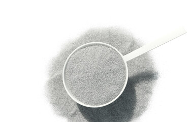 Sport food supplement powder 3d render on trasparent background. Supplement, creatine, hmb, bcaa, amino acid or vitamine in a white scoop. Sport nutrition healthy life concept