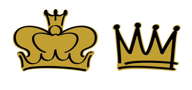 Cartoon golden sketch crown. Graffiti crown icon, Queen or king crowns. Royal imperial coronation symbols, monarch majestic jewel tiara icons. Prins en prinses, diadems or diamond gold crowns