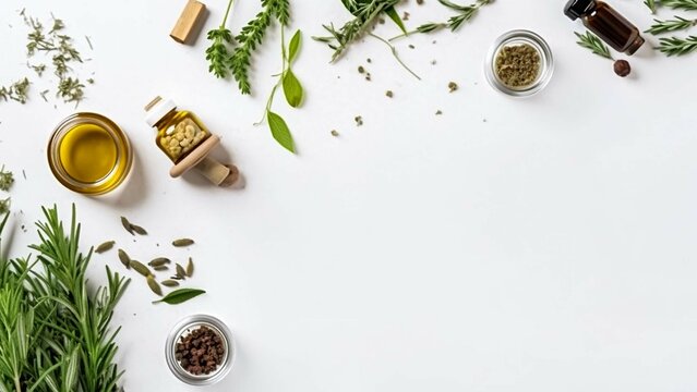 Apothecary of natural wellness and self-care. Herbs and medicine on white background top view frame