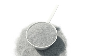 Sport food supplement powder 3d render on trasparent background. Supplement, creatine, hmb, bcaa, amino acid or vitamine in a white scoop. Sport nutrition healthy life concept