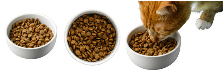 Cat food in bowl on transparent background. Cat eating dry meal from white plate. Healthy dry pet food. Png realistic design element