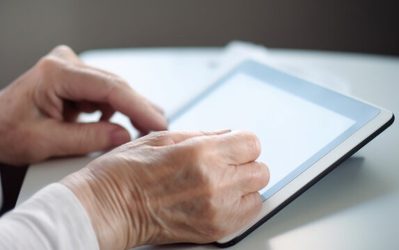 Senior older hands using tablet. Generative AI