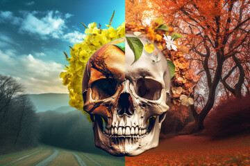Skull in autumn leaves. Generative AI illustration