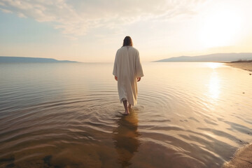 Jesus walking on water. Generative AI illustration