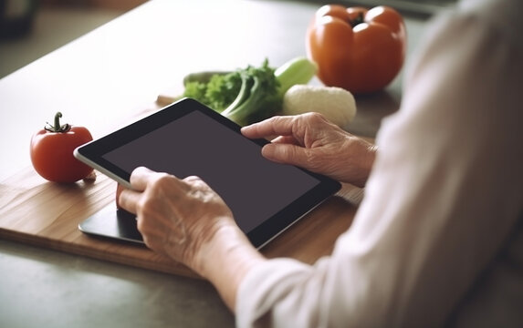 Senior older hands using a tablet in a home kitchen for recipes. Generative AI