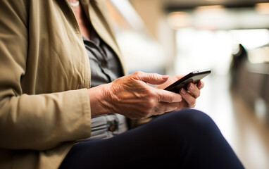 Senior older hands using a smart phone in a seated waiting area like at an airport or train station. Generative AI