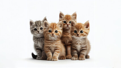 Fototapeta na wymiar Cute adorable four kittens look ahead. On a white background with space for text. Striped cats.