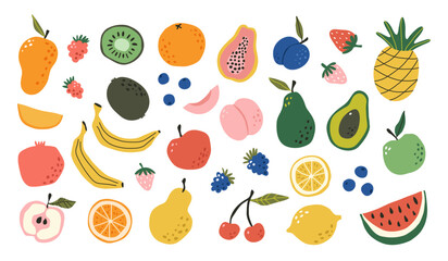 Set hand drawn colorful doodle fruits. Sketch style. Natural tropical fruits. Apple, peach, lemon, banana, pomegranate, pineapple, pear, avocado, plum. Vector illustration.