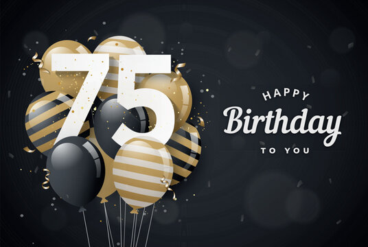 Happy 75th birthday balloons greeting card black background. 75 years anniversary. 75th celebrating with confetti. Vector stock
