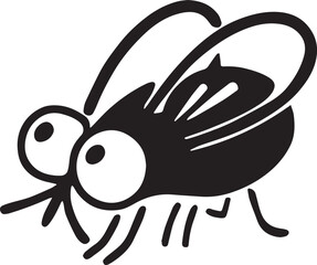 Black cartoon fly contour silhouette on white background. Fly with big eyes and big wings. Vector illustration 