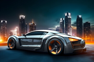 Futuristic Sport Car with City Skyline