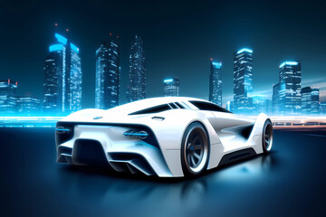 Futuristic Sport Car with City Skyline