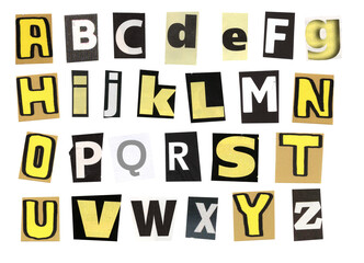 alphabet magazine cut out font, ransom letter, isolated collage elements for text alphabet. hand...
