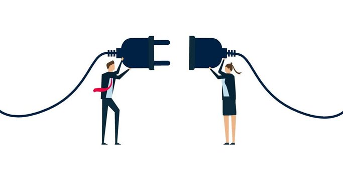 4k animation of Business partnership, teamwork collaboration. office people holding electric plug to connecting business.