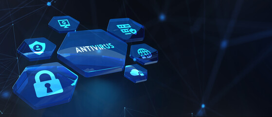 Antivirus Cyber security Data protection Technology concept on virtual screen. 3d illustration