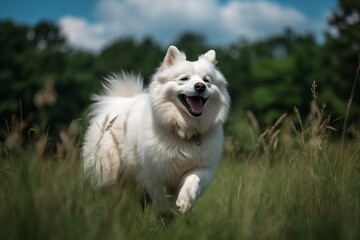 American Eskimo Dog jumping in joy runing to the camera
