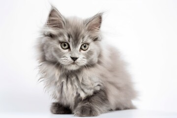 Isolated on white background, a lovely angora kitten with gray and velvety hair. Generative AI