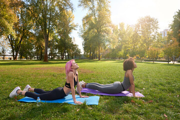 Two fit ladies doing yoga in park
