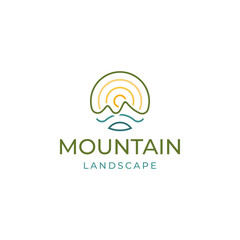 Mountain landscape, peak river creek logo line art vector illustration template