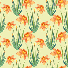 Watercolor seamless hand drawn botanical pattern with yellow daffodils