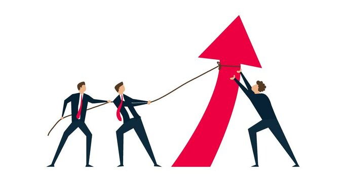 4k animation of Teamwork and collaboration colleagues, group of businessmen office workers help and support to pull arrow rising up.