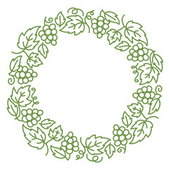 Fototapeta na wymiar Grapevine circle frame floral ornament. Thick line pattern. Grape branches and leaves. Editable outline stroke. Vector line.