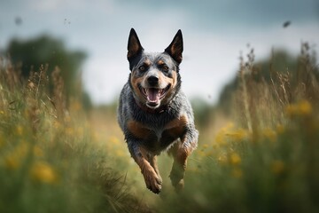 Australian Cattle Dog jumping in joy runing to the camera