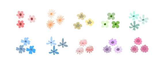 Set of Cute Flowers on a White Background, Hand drawn Various Shapes Flowers Colorful