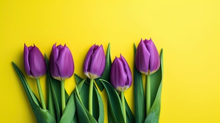 A Burst of Colorful Bloom: Horizontal Photo of Beautiful Purple Tulips on a Yellow Background for Easter & Mother's Day Spring Celebrations, Generative AI