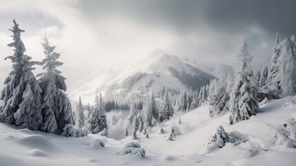 Fototapeta na wymiar A Majestic Panoramic of Snowy Peaks and Serenity - A Winterly Fairy Tale Landscape. Generative AI
