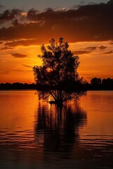 A Peaceful Orange Sky at Sunset Along the River: Nature's Serene Landscape, Generative AI