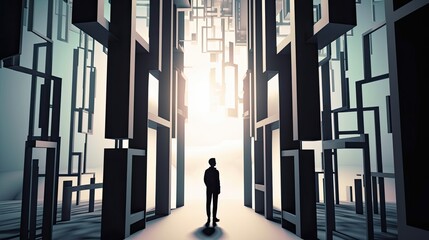 A Minimalist Architectural Dream: Nobody But Generative Man in Front of Glowing Futuristic Towers with Dramatic Perspective, Generative AI