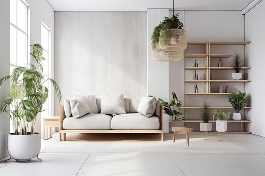 Interior design, wall mockup of a living area with a light sofa, decorative plants, and books. Generative AI