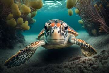 Baby Turtle Swimming in Colorful Coral Reef generative ai