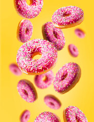 Levitating donuts with sprinkles on a yellow background. Modern food concept. Advertisement for a...