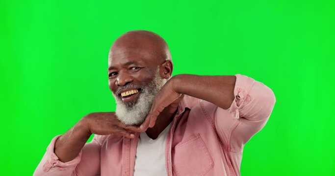 Black man, portrait and smile on green screen with hands on face. African senior male model on a studio background with mockup space for happiness, positive mindset and cool or carefree attitude