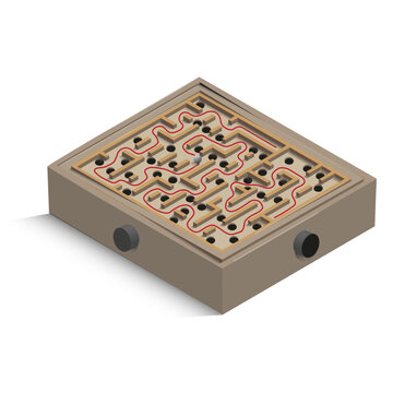 Classic Labyrinth  wooden game.  A ball is guided along the maze by tilting the game using 2 wheels on the sides of the  box. Vector Illustration