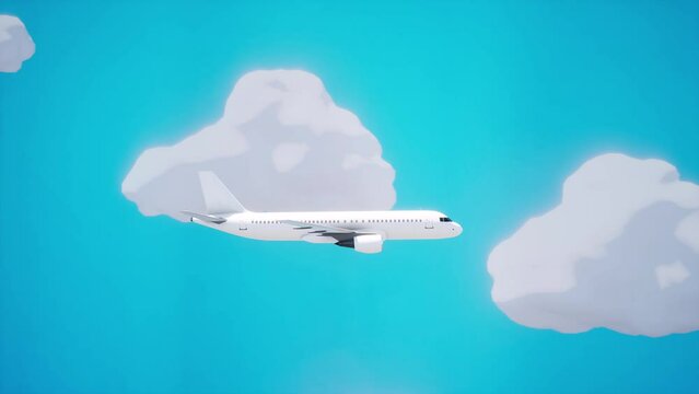 Flying, cartoonish, white plane against a blue sky with white clouds. Side view. The concept of tourism, flights, vacations.
