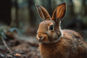 Fototapeta premium brown bunny with careful attention. and the second is a blurry lens. Generative AI