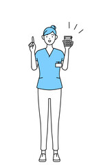 電卓を持って指さす女性看護師、理学療法士、作業療法士、言語聴覚士、看護助手