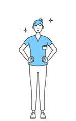 両手を腰に当てた女性看護師、理学療法士、作業療法士、言語聴覚士、看護助手