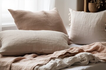 Fototapeta na wymiar Linen pillows in minimalist bedroom. White, cream, and beige pillows. Generative AI