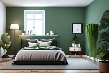 Bed Between Ladder and Plant in Green Boho Bedroom Interior with Grey Carpet under Lamps