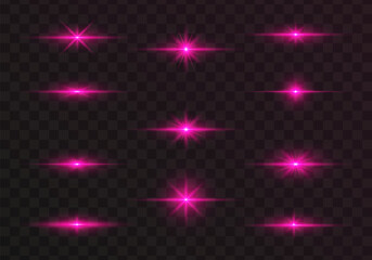 Set of glowing light stars with sparkles. Transparent shining sun, star explodes and bright flash. Pink bright illustration starburst.