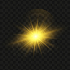 Yellow glowing light star on a black background. Transparent shining sun, star explodes and bright flash. Yellow bright illustration starburst. 