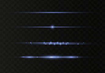 Set of blue horizontal lens flares pack. Abstract light flares, laser beams, sparkling lined, horizontal light rays. Vector illustration.