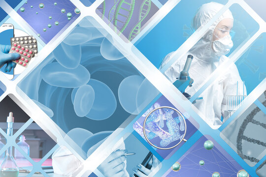 Science and medicine. Pharmacology symbols. Scientific research. Pharmacologist and pills with probiotics. Research in field pharmacology. Scientific technologies. Banner for pharmacology conference