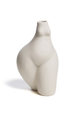 Close-up shot of a white empty ceramic female body shaped vase with a narrow neck isolated on a...