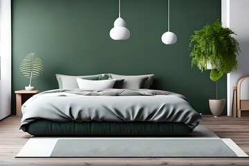 Fototapeta na wymiar Bed Between Ladder and Plant in Green Boho Bedroom Interior with Grey Carpet under Lamps